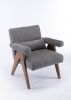 Accent chair, KD rubber wood legs with Walnut finish. Fabric cover the seat. With a cushion.Grey