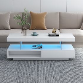 LED Coffee Table with Storage, Modern Center Table with 2 Drawers and Display Shelves, Accent Furniture with LED Lights for Living Room (Color: White)