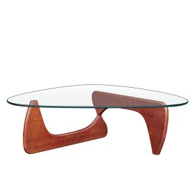 Living Room triangle 12mm tempered glass solid wood base coffee table (Color: Cherry)